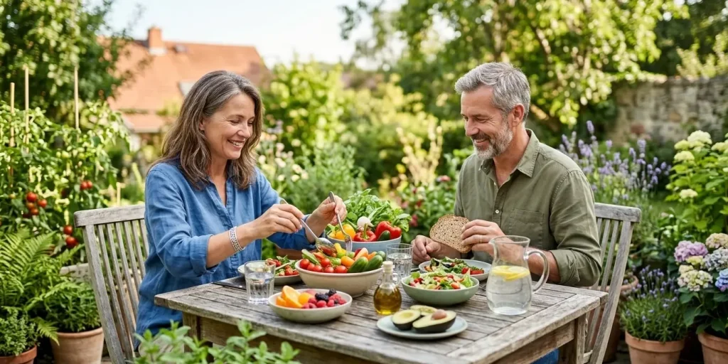 La imagen captura la esencia de un estilo de vida saludable y equilibrado, centrándose en la frescura de los alimentos naturales y la vitalidad del entorno. Muestra a una mujer y un hombre disfrutando de una comida orgánica al aire libre, rodeados de vegetación, lo que refuerza visualmente los conceptos de nutrición funcional y bienestar que trata el artículo.