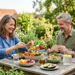 La imagen captura la esencia de un estilo de vida saludable y equilibrado, centrándose en la frescura de los alimentos naturales y la vitalidad del entorno. Muestra a una mujer y un hombre disfrutando de una comida orgánica al aire libre, rodeados de vegetación, lo que refuerza visualmente los conceptos de nutrición funcional y bienestar que trata el artículo.