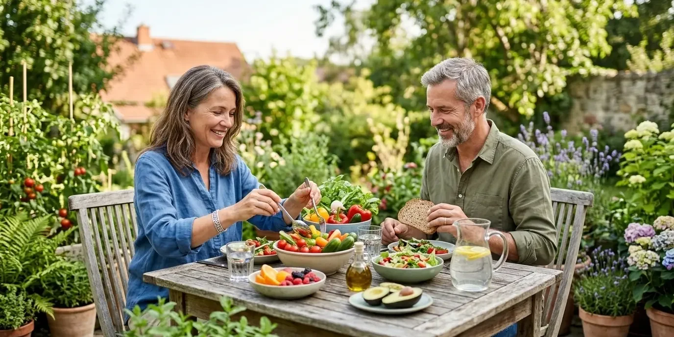 La imagen captura la esencia de un estilo de vida saludable y equilibrado, centrándose en la frescura de los alimentos naturales y la vitalidad del entorno. Muestra a una mujer y un hombre disfrutando de una comida orgánica al aire libre, rodeados de vegetación, lo que refuerza visualmente los conceptos de nutrición funcional y bienestar que trata el artículo.