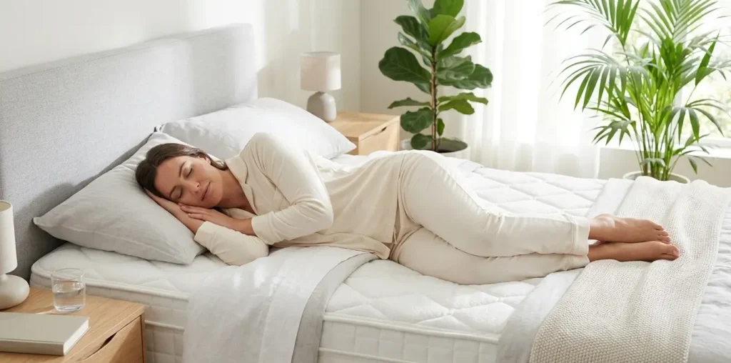 Mujer durmiendo en un descanso ergonómico.
